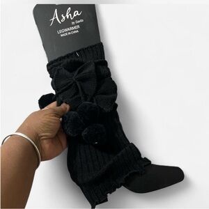 Asha Black Legwarmers with Bow and Pom Poms